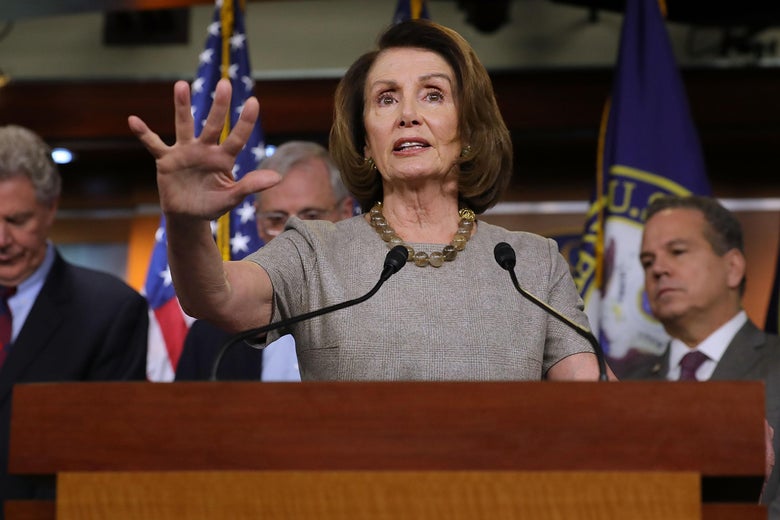 WASHINGTON, DC - FEBRUARY 08: House Minority Leader Nancy Pelosi (D-CA) talks to reporters while announcing the House Democrats' new infrastructure plan during a news conference at the U.S. Capitol February 8, 2018 in Washington, DC. Pelosi said the $20 billion in infrastructure spending over two years in the current federal budget deal is 'a diversionary tactic.' (Photo by Chip Somodevilla/Getty Images)